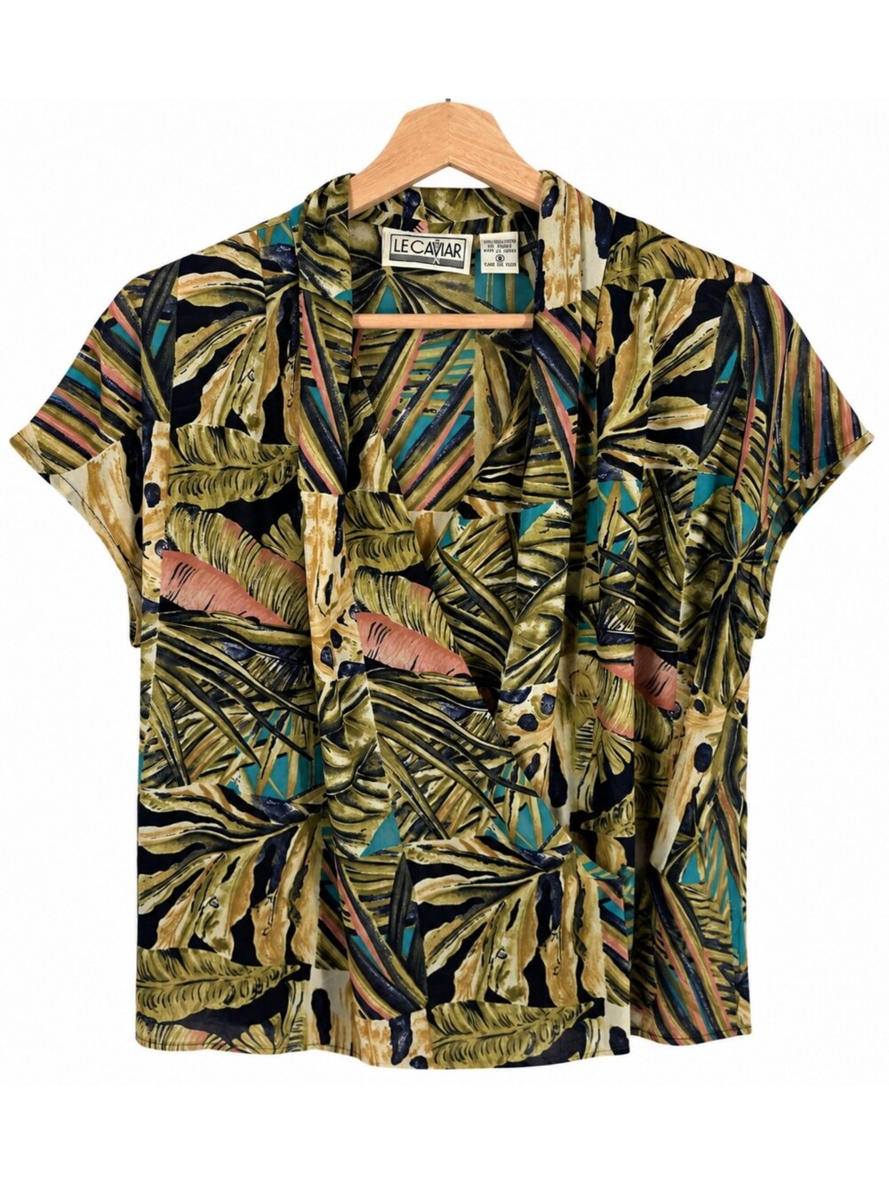 Vintage Le Caviar Tropical Palm Leaf Faux Wrap Blouse Women's M Resort Coastal - Picture 2 of 14